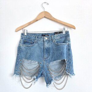 Fashion Nova Distressed High Rise Denim Shorts, Chains Grommets,